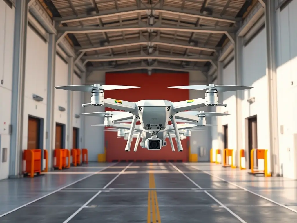 A fleet of autonomous delivery drones taking off from a distribution center, showcasing the Autonomous Delivery Drones project.