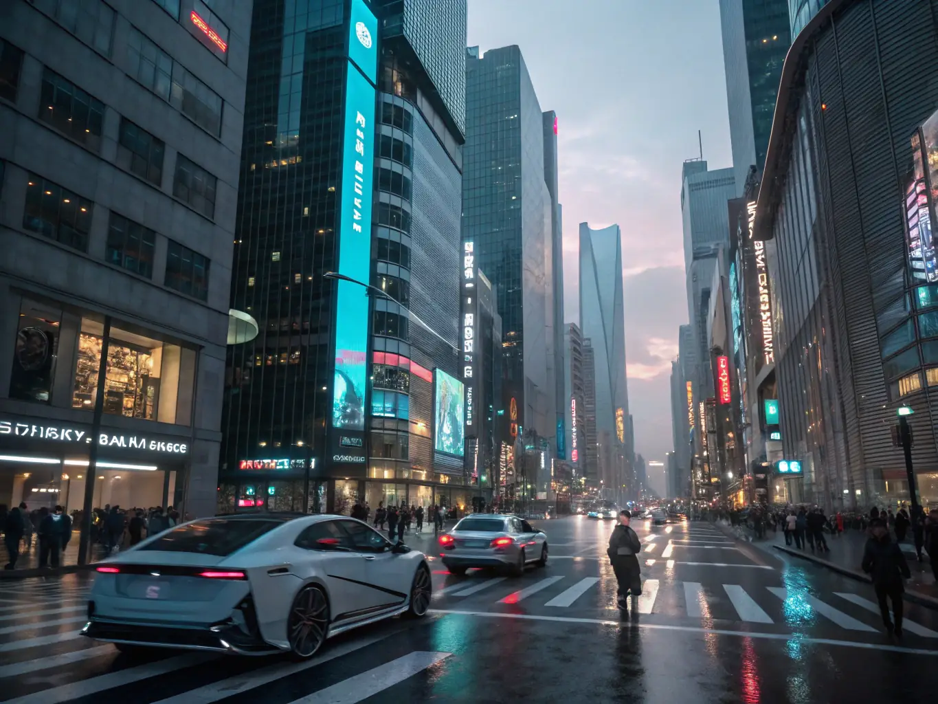 A futuristic cityscape with autonomous vehicles and smart infrastructure, symbolizing the integration of AI in urban environments.