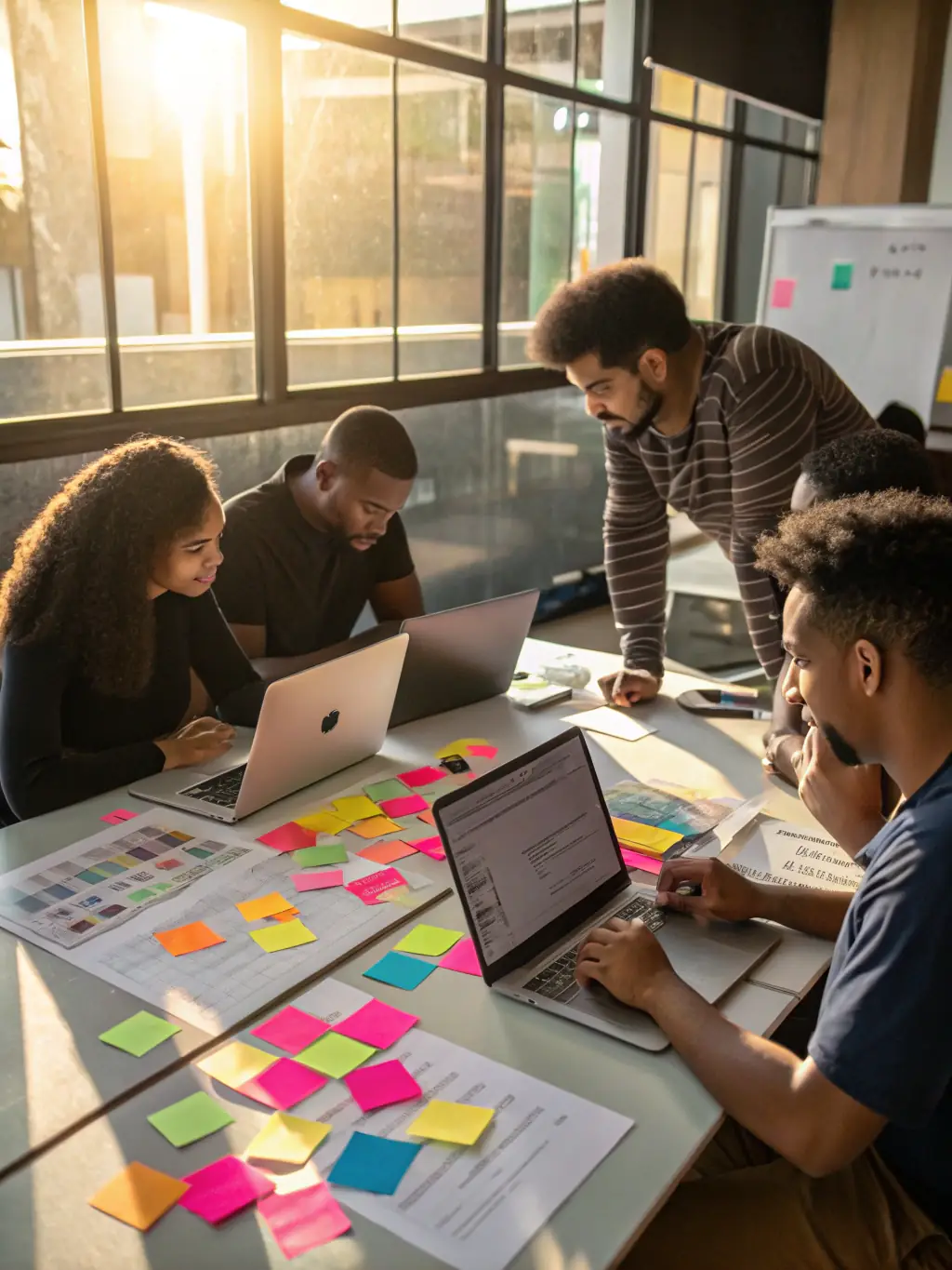 A professional photograph of software developers collaborating on a complex coding project, showcasing their expertise and teamwork.