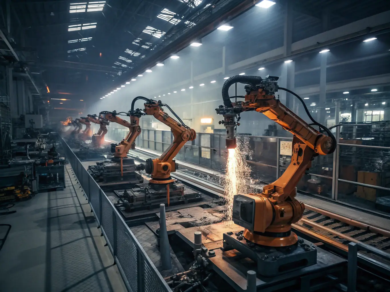 A futuristic factory floor with robotic arms assembling products autonomously, showcasing the Smart Factory Automation project.