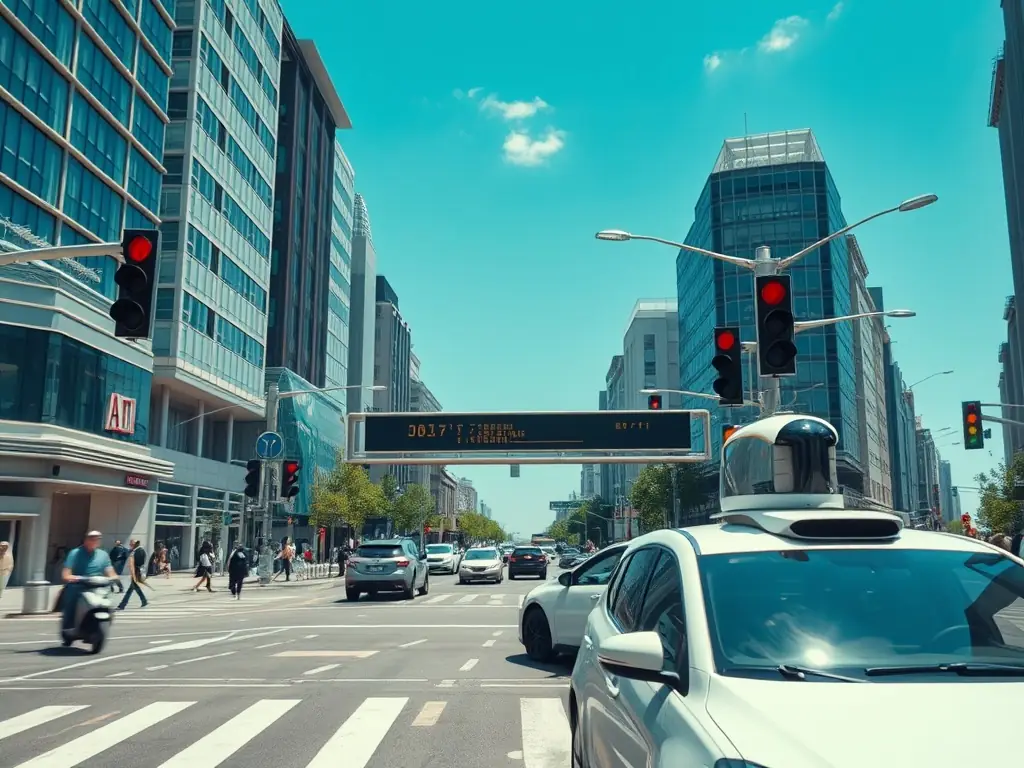 An aerial view of a city with interconnected traffic signals and autonomous vehicles, illustrating the Intelligent Traffic Management project.